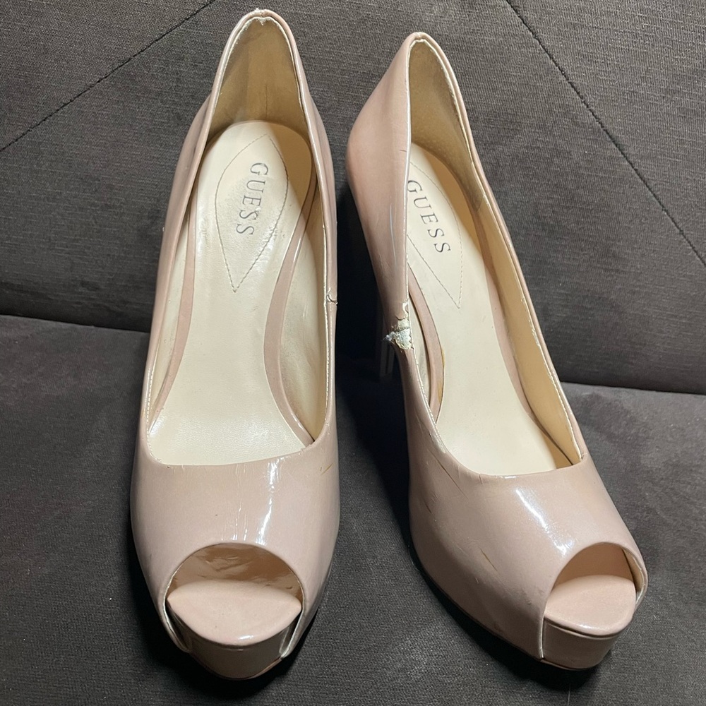 Guess Nude peep-toe patent high heels